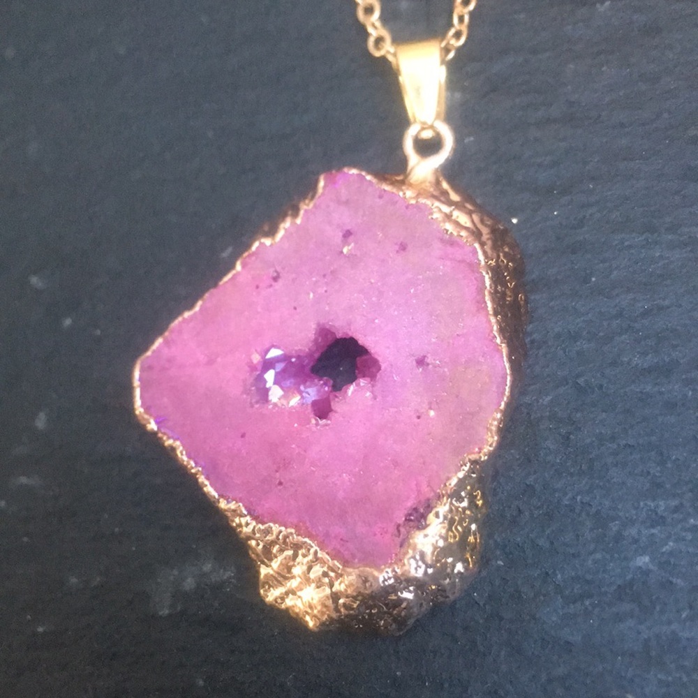 New Rose Gold Druzy Geode Crystal with Gold Electroplated Trim Necklace